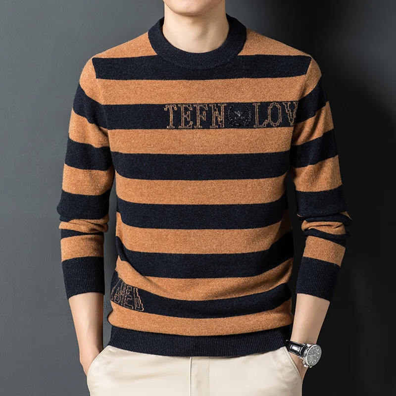 new Men's round neck sweater 2023 autumn young and middle-aged fashion casual shirt striped Joker sweater