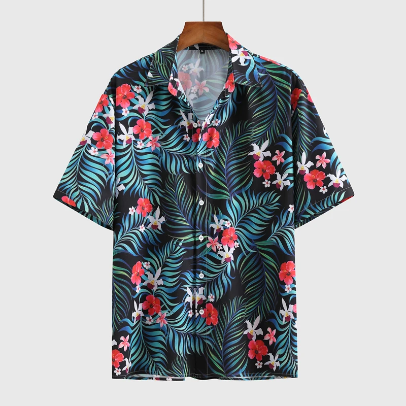 Summer Tropical Plant Print Hawaiian Shirt Men's Harajuku Loose Short Sleeve Pattern Shirts Men Casual Beach Shirts Oversized