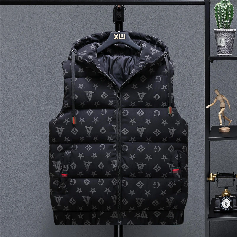 Men's Down Cotton Vest Autumn and Winter Fashion Men and Women Jacket Vest Men's Casual Hooded Sleeveless Down Jacket Men's Coat