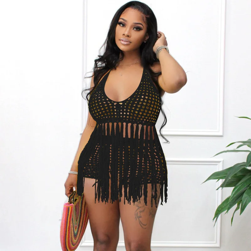 

Комплект бикини WUHE из двух предметов, сексуальные пляжные наряды для отпуска для женщин, купальник, сетчатый прозрачный топ с бахромой и шор...