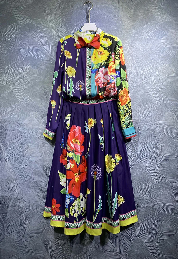 

Alemai* Women's Set 2023 Spring and Autumn New Women Sense of Design Shirt + Pleated Skirt Vintage Flowers Print Half Skirt Suit