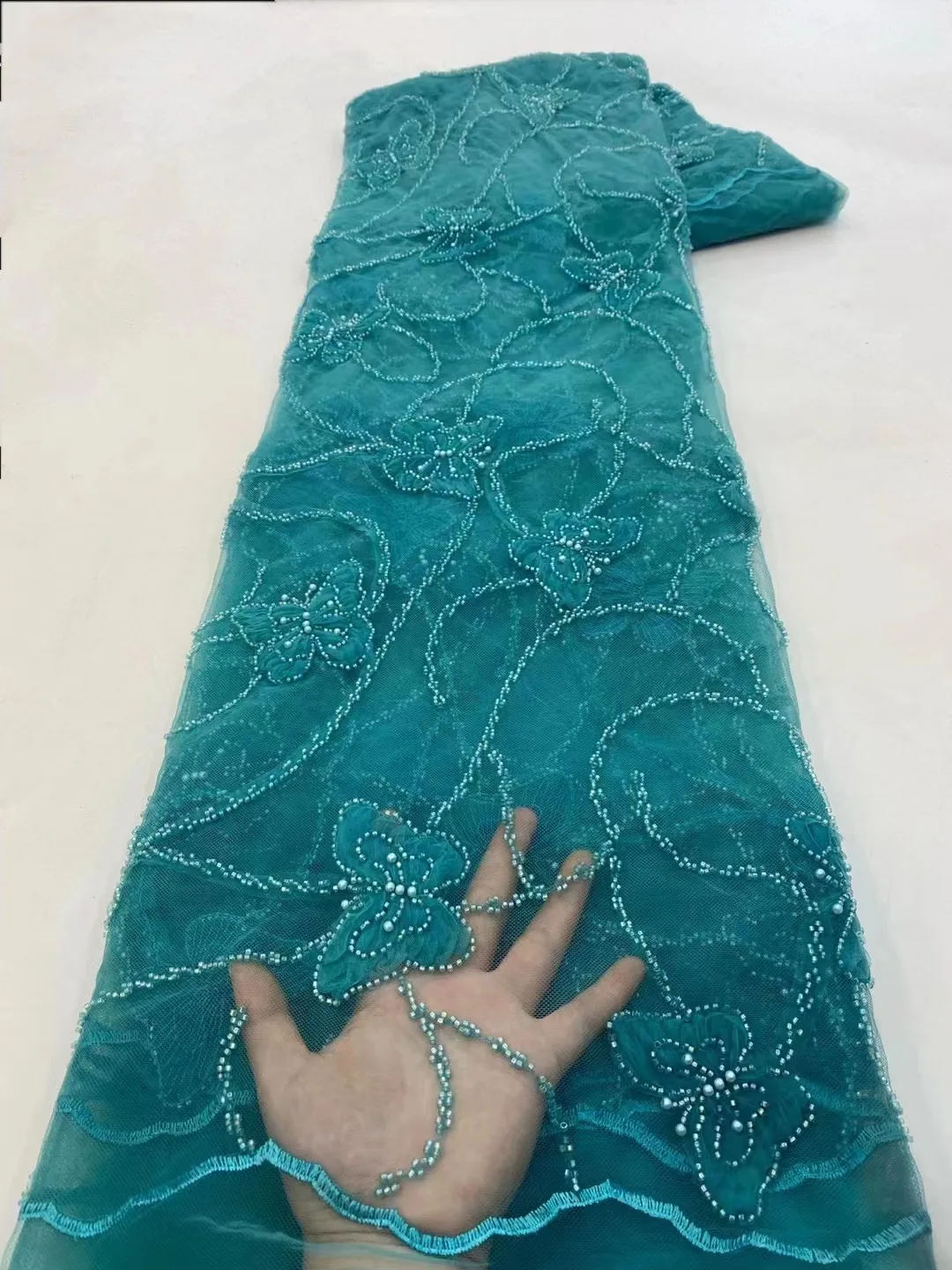 

Latest Blue African 3d flower Lace Fabric Embroidery French Mesh Lace Fabric With Sequins Nigerian Tulle Lace For Party