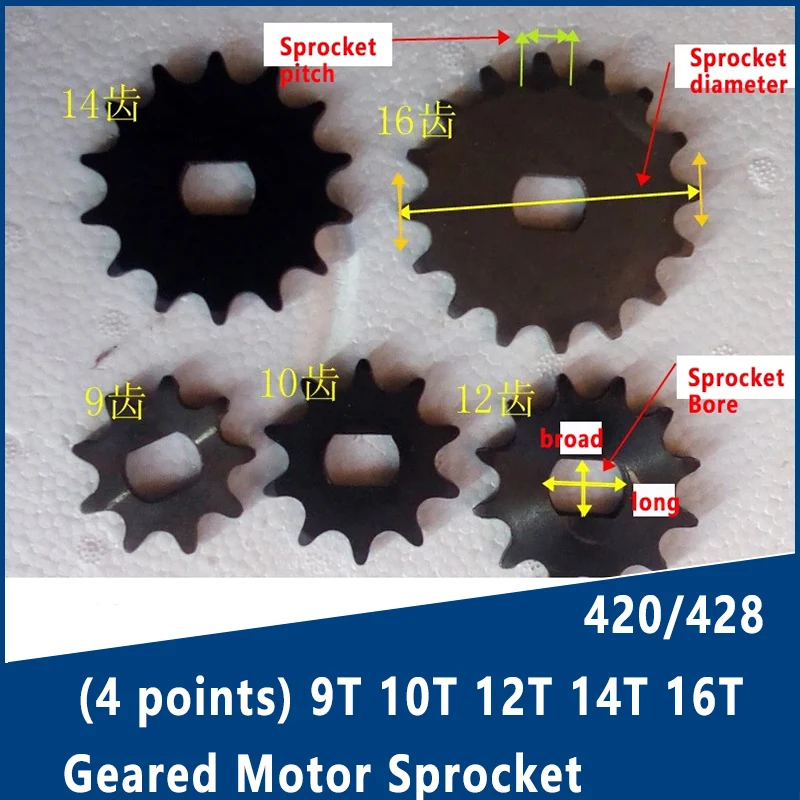 

Звездочка мотор-редуктора 9T 10T 12T 14T 16T 420/428
