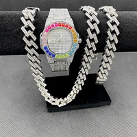 3pcs mens hip hop jewelry set iced out watch necklace bracelet bling bling diamond miama cuban chains women gold watches couple