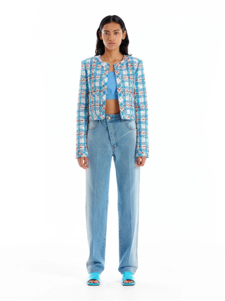 

Pure Cotton Stitching High Waist Jeans 2022 Summer New Irregular Oblique Button Side Gradient Color All-match Straight Trousers