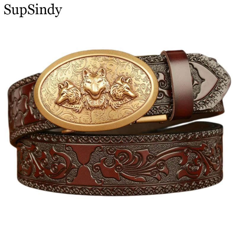 SupSindy New Men Genuine Leather Belt Luxury Gold Wolves Metal Automatic Buckle Cowhide Belts for Men Jeans Waistband Male Strap