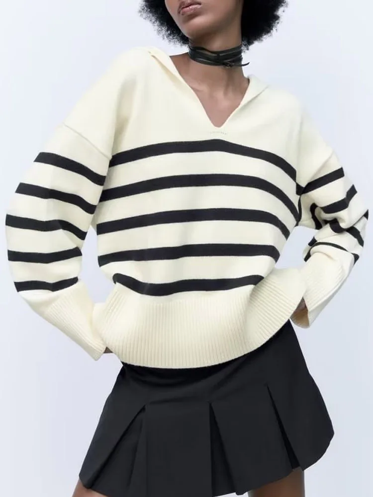 

Kumsvag 2022 Autumn Women Knitting Pullover Sweaters Casual Striped V-Neck Loose Female Fashion Street Sweater Clothing