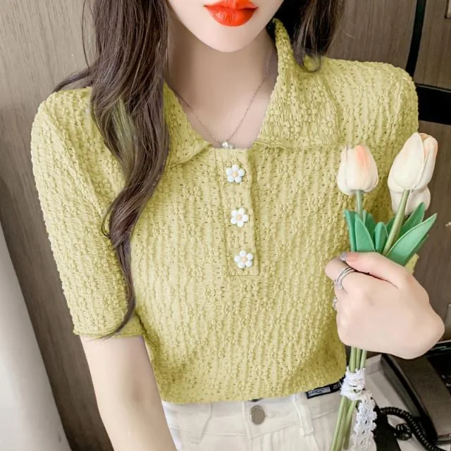 

Женская летняя стильная блузка, однотонные желтые блузки с коротким рукавом-фонариком и воротником «Питер Пэн» ZZ1426