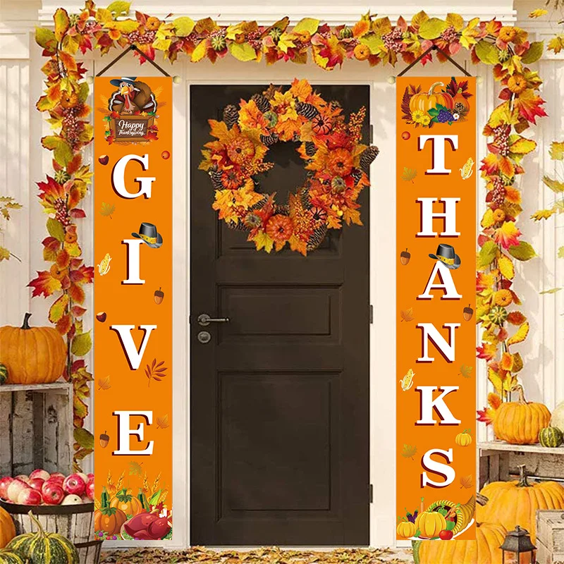 

GIVE Thanks Hanging Banner Porch Sign Autumn Pumpkin Maple Leaf Backdrop Flag Fall Harvest Welcome Banner for Thanksgiving Decor