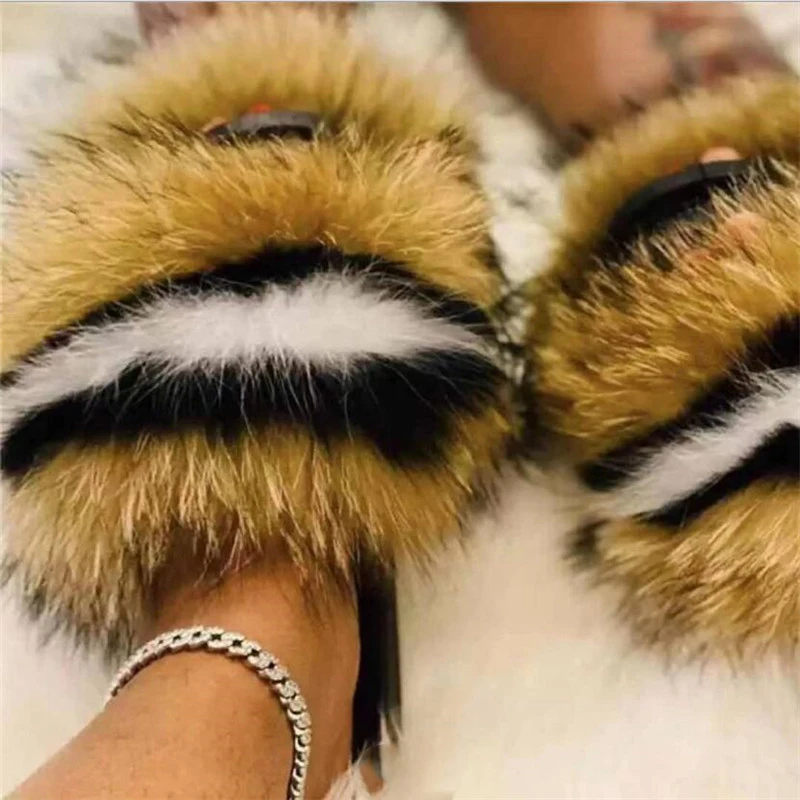 Women Fluffy Real Fox Fur Slides Plush Indoor Furry Flip Flops Female Amazing Fuzzy Fur Sandals Designer Fur Slides Drop Ship