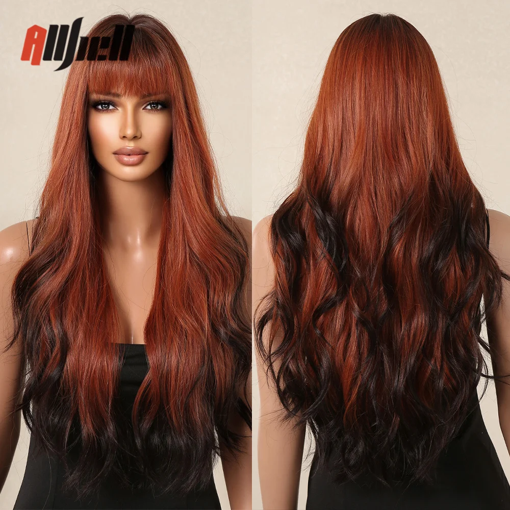 

Long Red Brown Black Ombre Wavy Wig Synthetic Natural Wavy Cosplay Highlight Wigs with Bangs for Women Heat Resistant Fake Hair