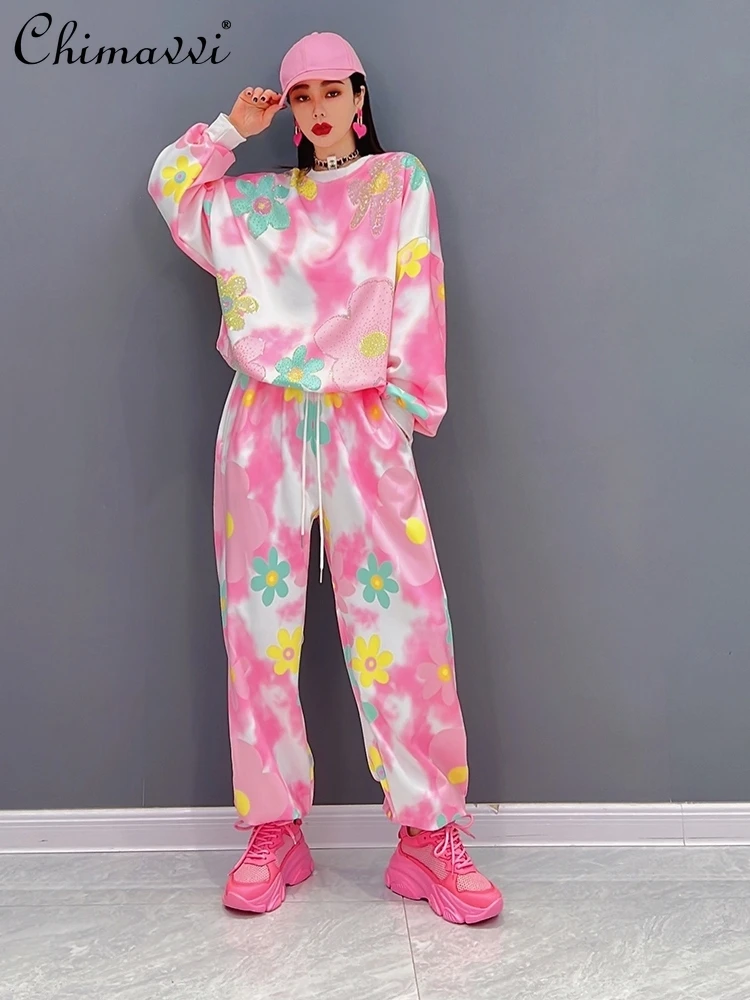 

European 2022 Summer New Leisure Sports Suit Fashion Long Sleeve Loose Sweatshirts Trousers Loose Sweet College Style 2pcs Set