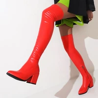 2022 new long style thigh high pu stretch boots pointy toe square high heel over the knee custom big size 48 women shoes