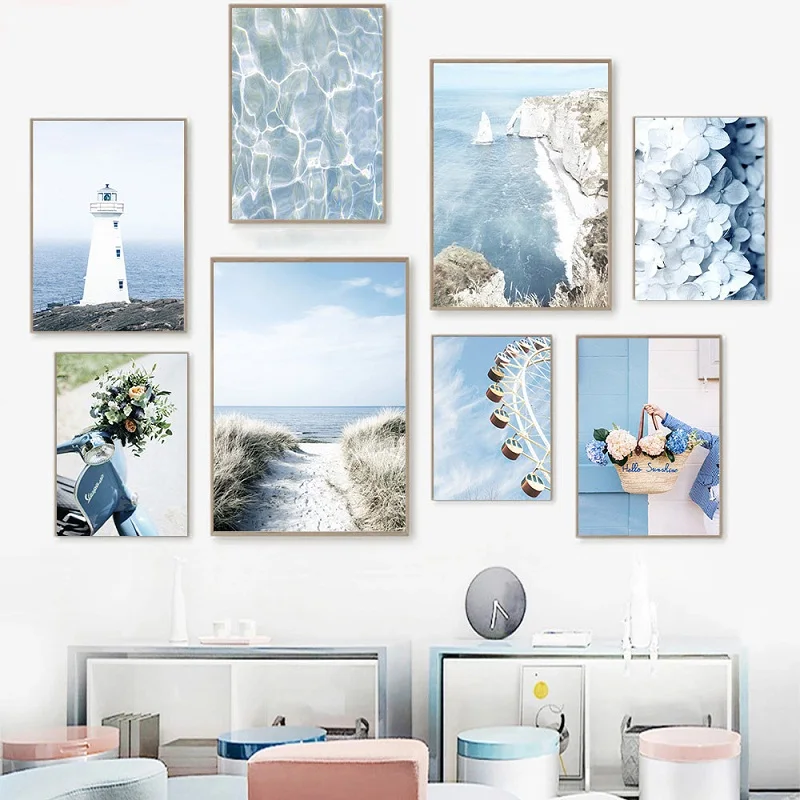 

Nordic Blue Ocean Landscape Painting Lighthouse Movie Seagull Ferris Wheel Poster Living Room Bedroom Decor Background Picture