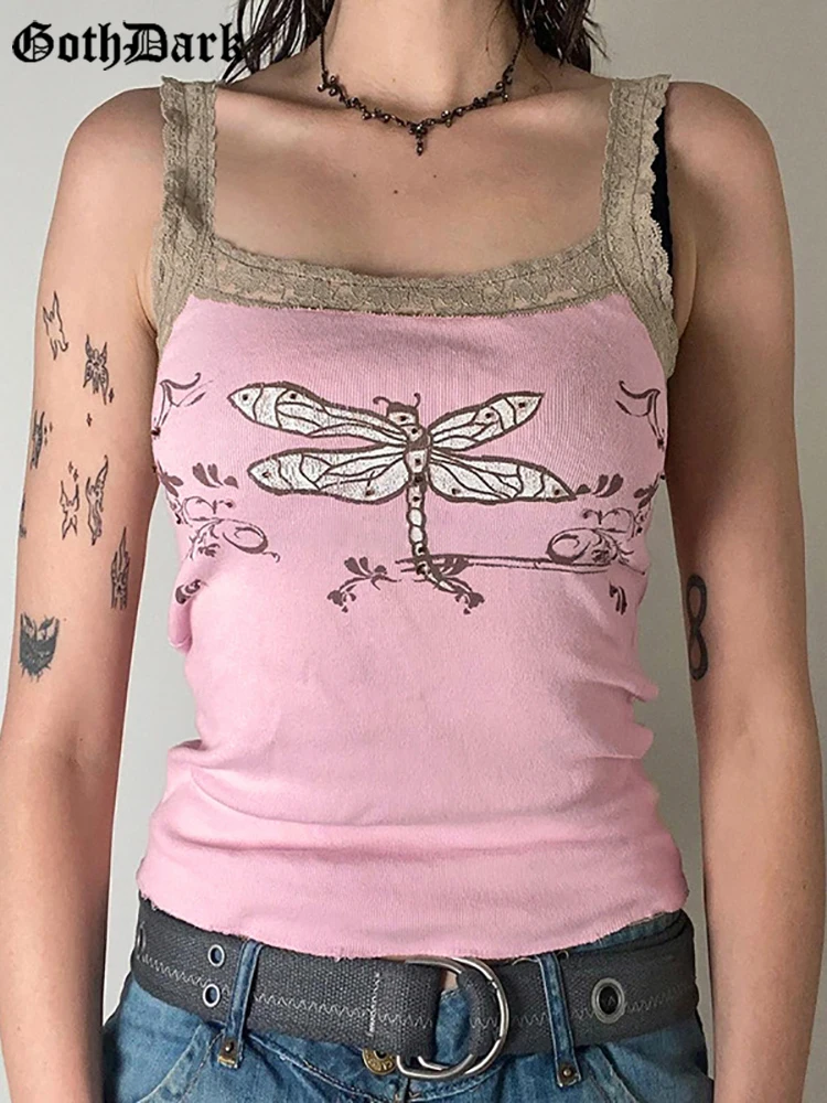 

Goth Dark Graphic Print Gothic Aesthetic Basic Camis Grunge Y2k Streetwear Lace Trim Cute Crop Tops Women Skinny Ribbed Clothes