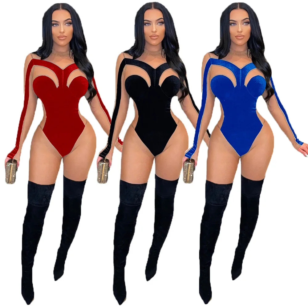 

Sexy Velvet Patchwork Mesh Jumpsuit Women Long Skinny Rompers Party Clubwear See Through Bodysuit Long Sleeve Jumpsuit Clothes