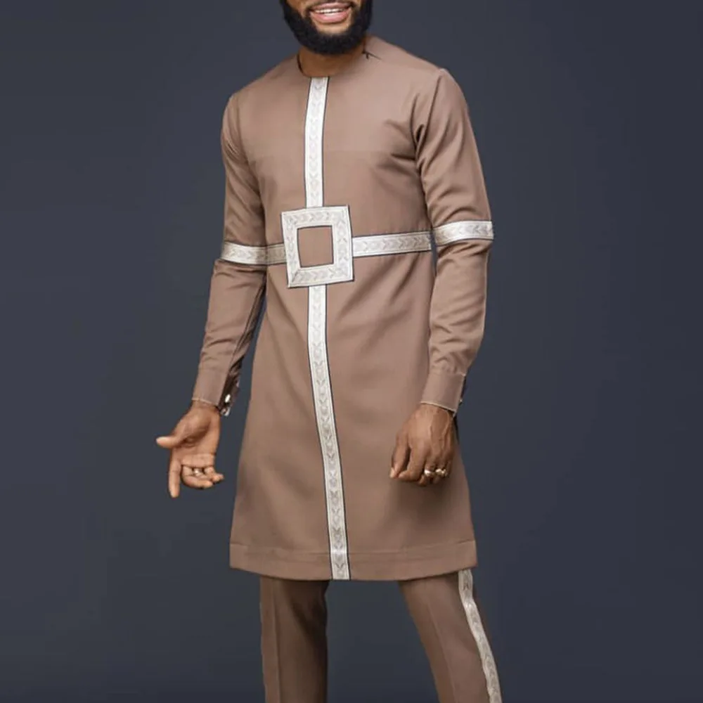 Мужская Однотонная рубашка цвета хаки в мусульманском стиле Повседневная прямая