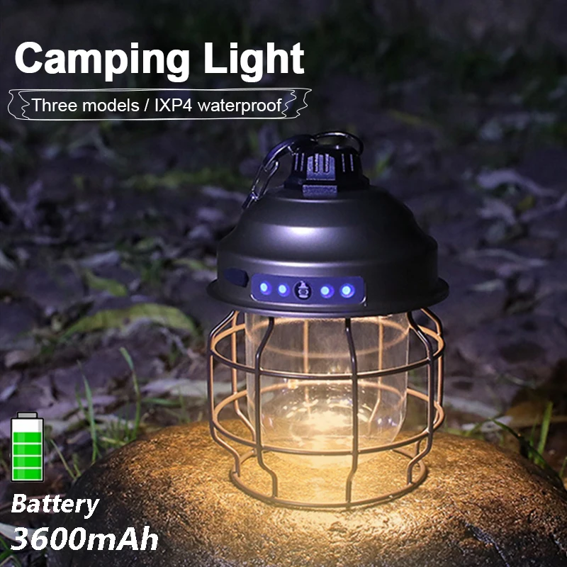 

Portable Camping Light 3600mAh Vintage Metal Hanging Lanterns Waterproof Rechargeable 3 Modes Dimmable Outdoor Tent Lamp