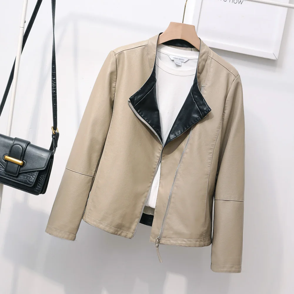 Aliexpress 2023 spring new women's collarless simple a zipper leather jacket jacket leather