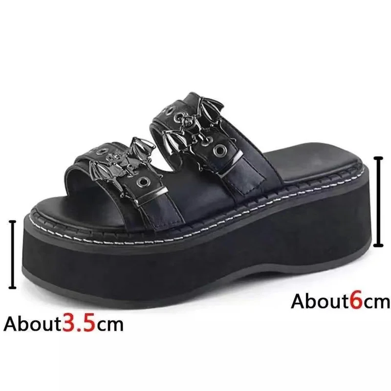 Summer 2022 Double Strap Buckes Platform Wedges Fashion Goth Slippers Hot Women's Matal Matal Sandal for Comfy Black Shoes