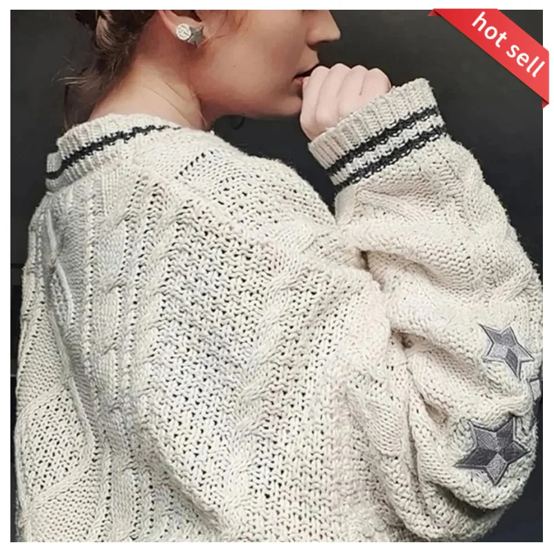 

2023 Autumn Tay Women Star Embroidered Long Cardigan Lor V-neck Knitted Sweater Fashion Warm Swif T Beige Holiday Cardigan Women