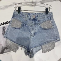 2022 summer new rhinestone pocket leakage shiny three point white denim shorts womens tide high waisted jeans