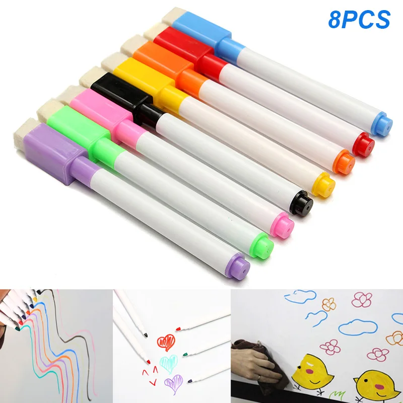 

8pcs Color Magnet Pens Magnetic Wipe White Board Markers Built In Erases for Teaching Drawing Digital Office Meeting Stationery