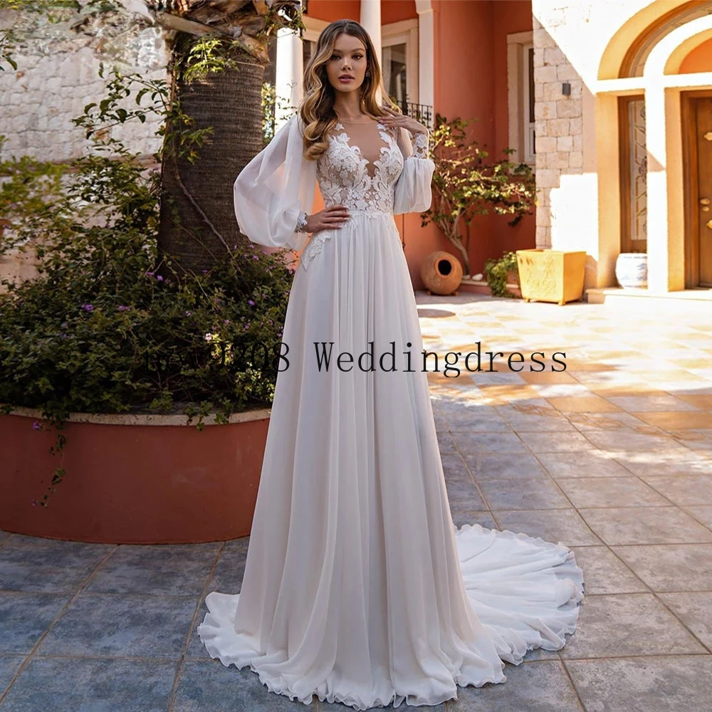 

Lantern Sleeves Appliques Chiffon Wedding Dresses 2022 Draped Lace Ruffles A-line O-Neck Bridal Dress vestidos de novia