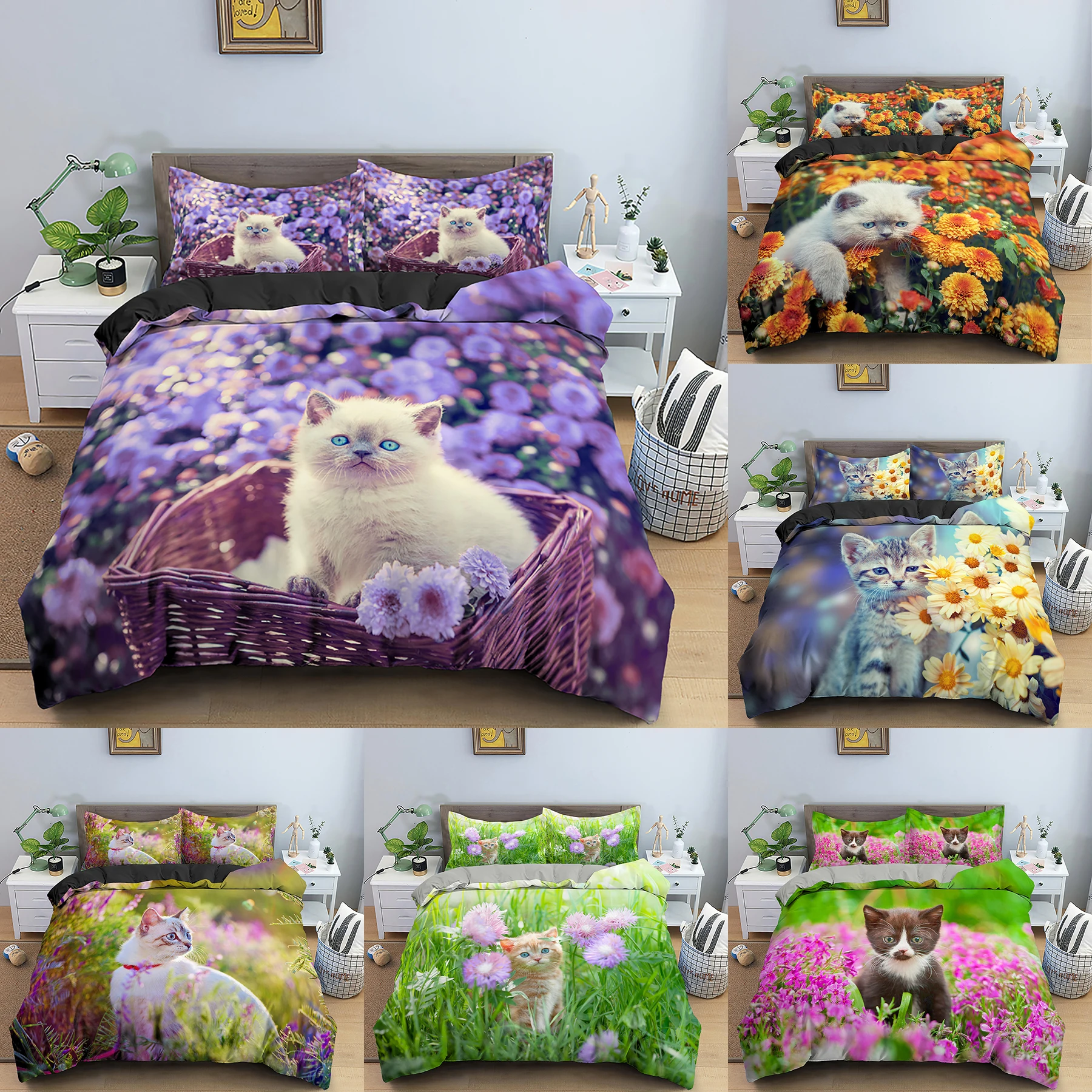 

Комплект постельного белья с изображением милой кошки, уютный пододеяльник с наволочкой, пододеяльник, Королевский размер, постельное бель...