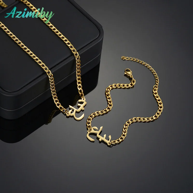 

Azimiby New Personalized Font Pendant Necklaces Stainless Steel Cuban Chain Custom Arabic Name Necklace Women Bridesmaid Gifts