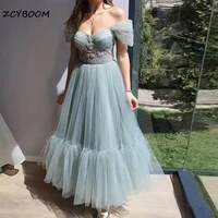 elegant green tulle appliques prom gown sweetheart off shoulder corset lace up ankle length party dresses women evening gowns