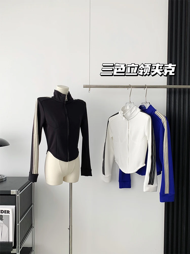 

Women Autumn Winter New Turn-down Collar Contrast Color Zipper Outerwear Baggy Long Sleeve Tops Irregular Clipping Over-shirt