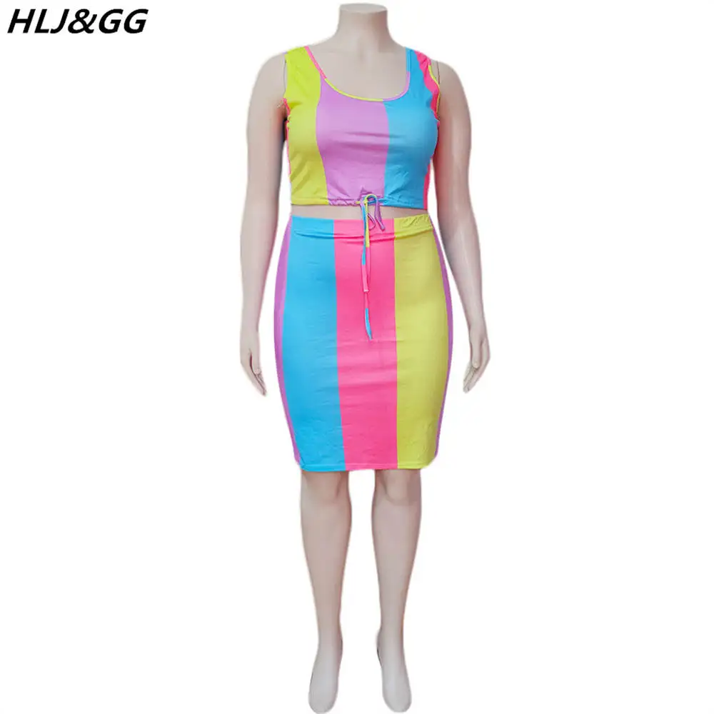 HLJ&GG Fashion Color Patchwork Skirt Two Piece Sets Women Sleeveless Roun Neck Vest And Skinny Skirt Outfits Plus Size Clothing