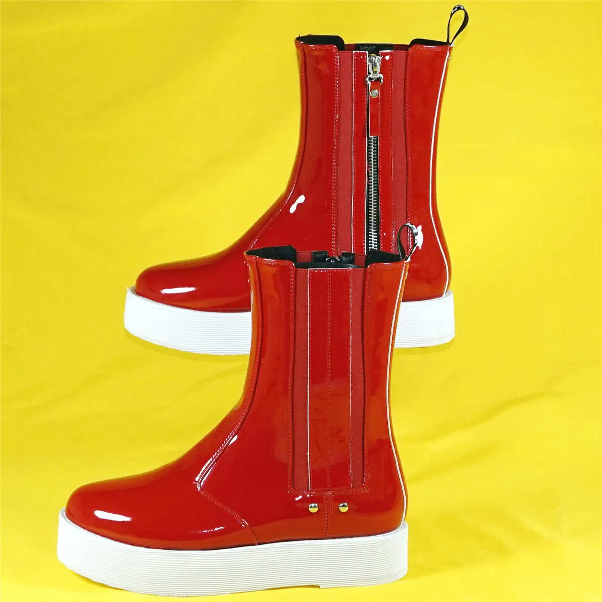 Red Fashion Sneakers Women Patent Leather Flat With Platform Pumps Female High Top Med Heel Round Toe Ankle Boots Casual Shoes