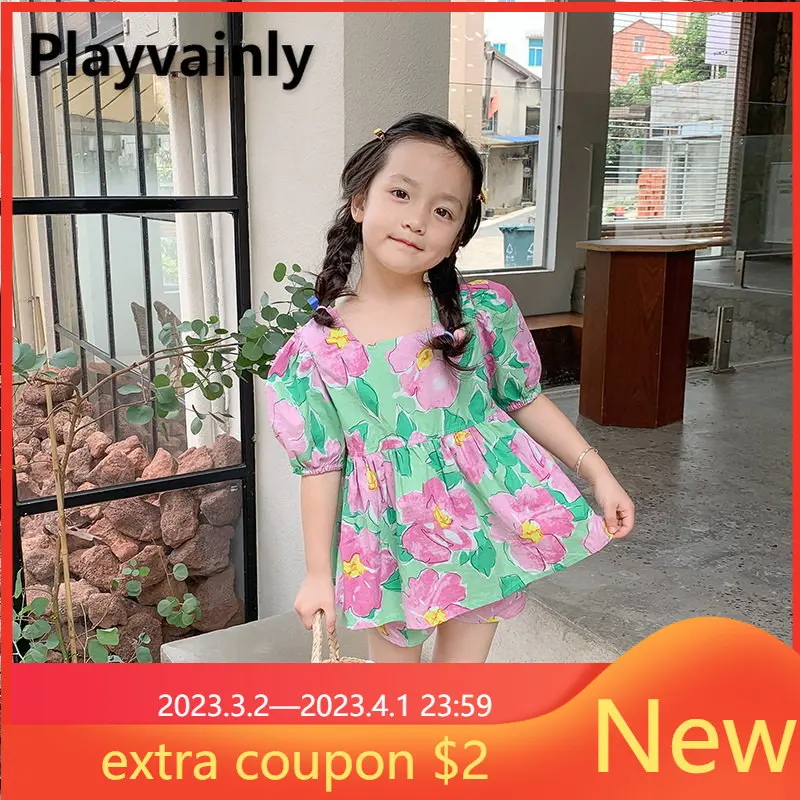 

Korean Style Summer Clothes Sets for Kid Girl Square Collar Puff Sleeve Top+Pink Fashion Floral Print Shorts Child Outfits E0458