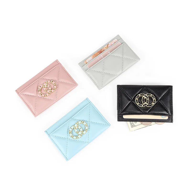 Sheepskin Short Card Holder Small Fragrance Lingge 2022 New Ultra-thin Card Holder Business Card Holder Leather Mini Coin Purse