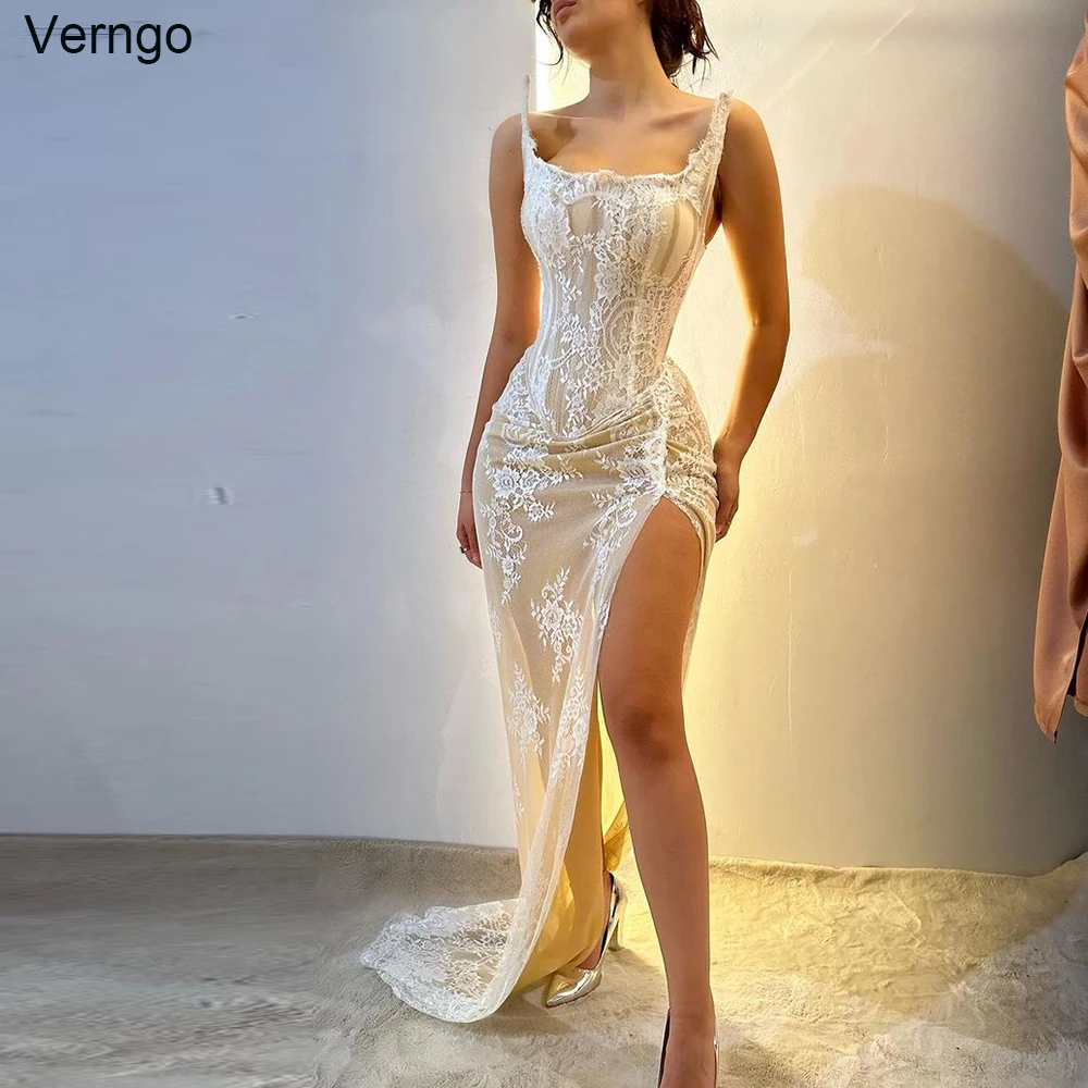 

Verngo Sexy Mermaid Birthday Party Gowns Strapless Sleeveless Evening Dress Lace Split Prom Dress Formal Occasion Robe De Soirée