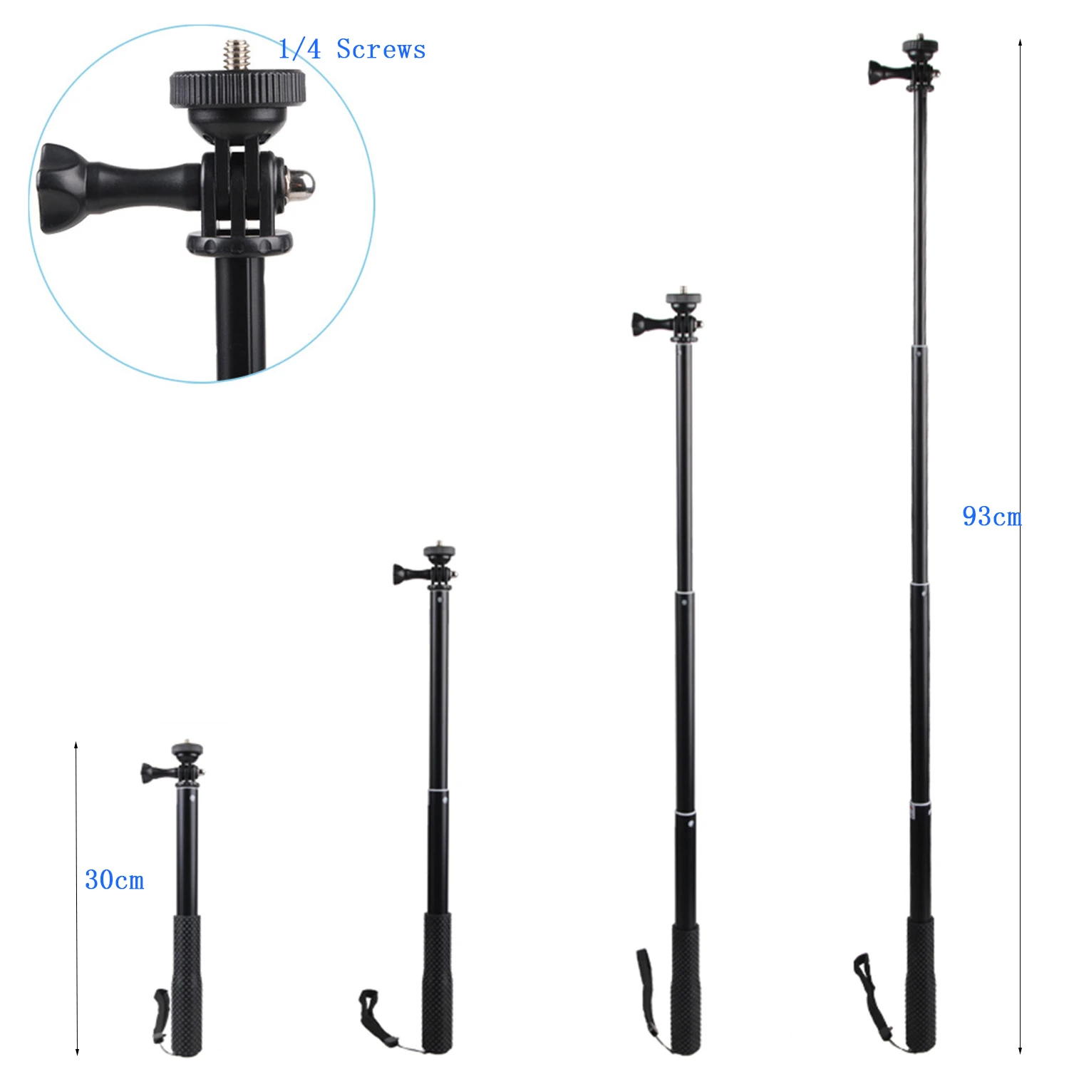 93cm Aluminum Alloy Extendable Handheld Selfie Stick Telescoping Pole for GoPro Hero 9 8 7 6 5 4 3 OSMO Action Xiaoyi SJCAM Eken