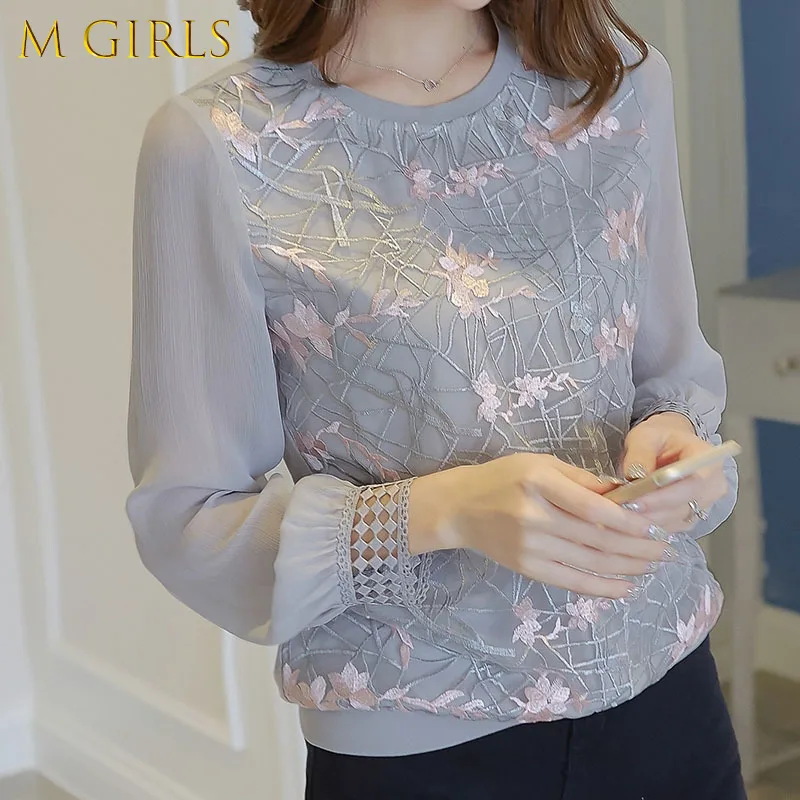 

New Women Long Sleeve Shirt Women New Floral Embroidery O Neck Lace Chiffon Blouses Blusa Ladies Casual Shirt Tops 2022