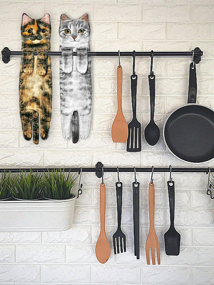 

Super Absorbent Hanging Type Cat Embroidered Towelette Home Decora Dual Purpose Coral Velvet Hand Towel Bathroom Supplies