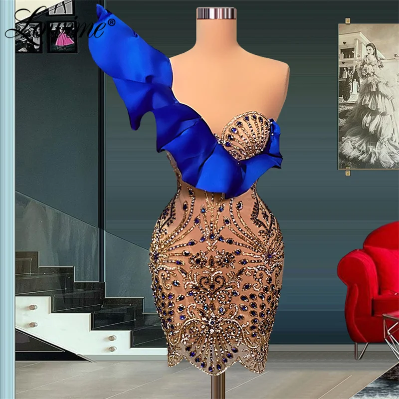

Luxury Short Cocktail Dresses Blue One Shoulder Heavy Beading Crystals Women Evening Gowns 2022 Couture Party Prom Dress Robes