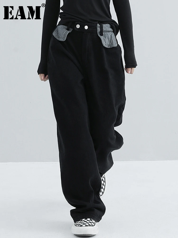 

[EAM] High Waist Black Color-block Denim Wide Leg Trousers New Loose Fit Pants Women Fashion Tide Spring Autumn 2022 1DE4731