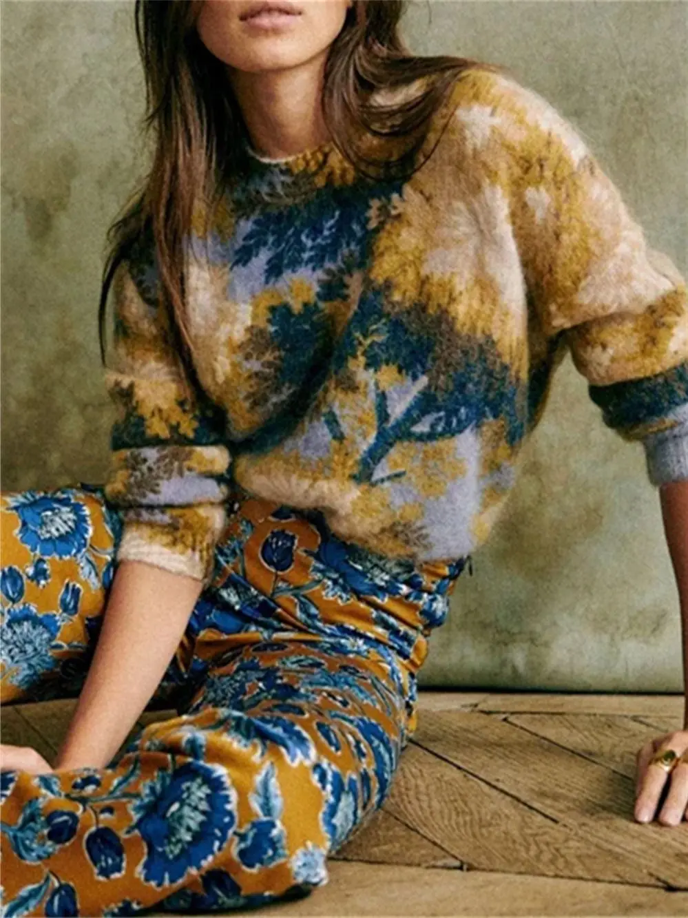 

Women Sweater Printed Jacquard Pullover Vintage Knitwear