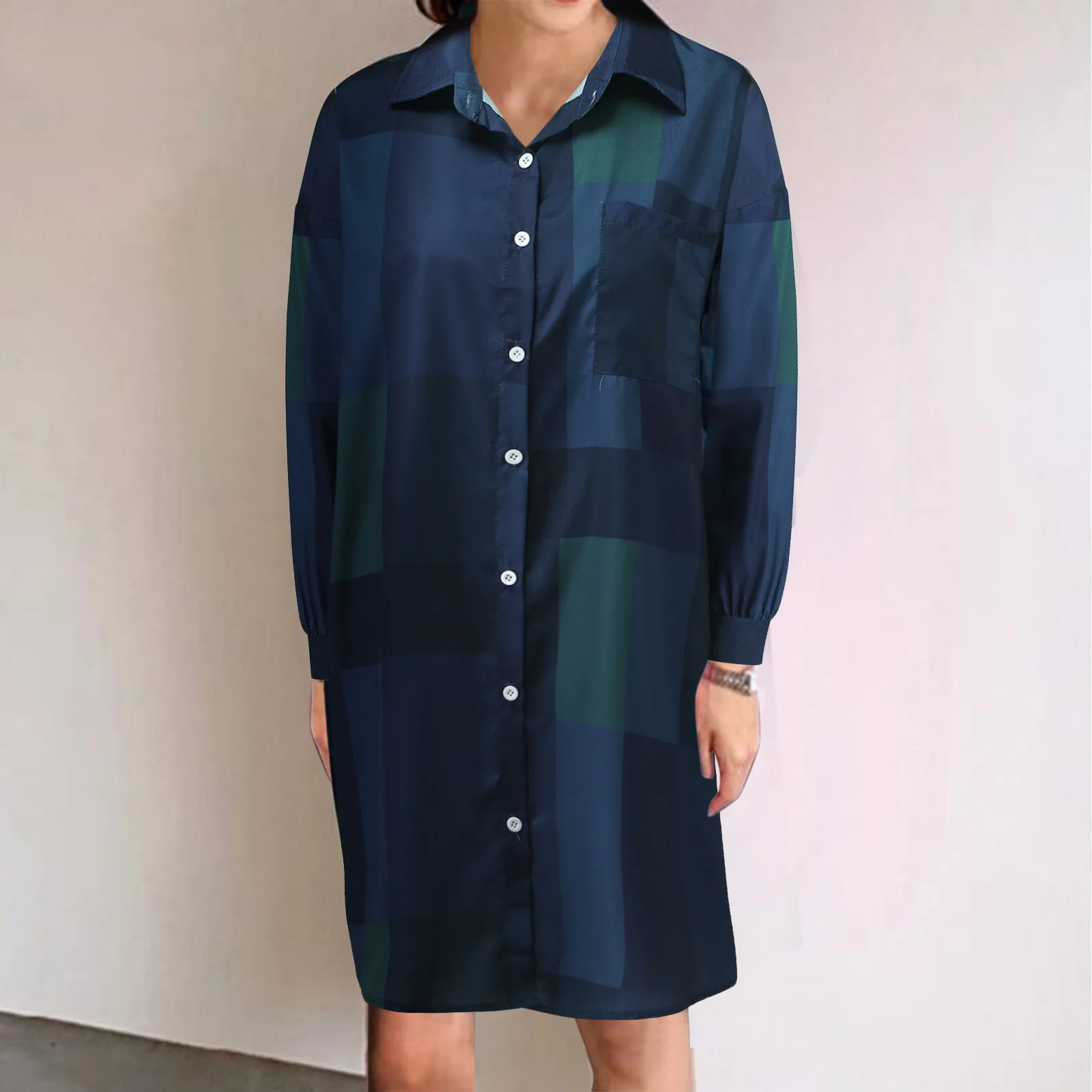 

Women Plaid Print Long Sleeve Turn-down Collar Button Loose Casual Shirt Blouses Fashionable Design Simple Tops Fast Shipping