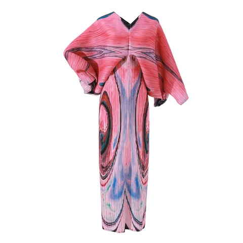 Miyake Плиссированные Большой размер платье для женщин 2022 сезон весна-лето новые модные печати мясо-покрытие рукав «летучая мышь» длинное женское платье