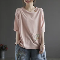 casual cotton solid color short sleeve t shirt ladies summer thin pocket embroidered crew neck top