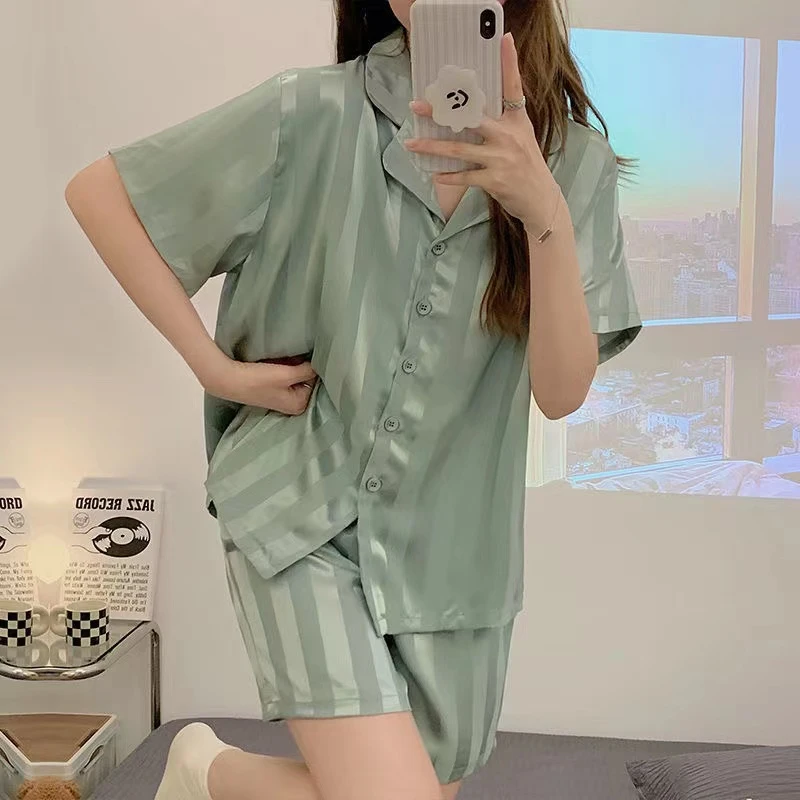 CAIYIER New Summer Stripe Women Sweet Pajamas Set Silk Short Sleeve Leisure Sleepwear Korean Girls Breathable Nightwear Homewear