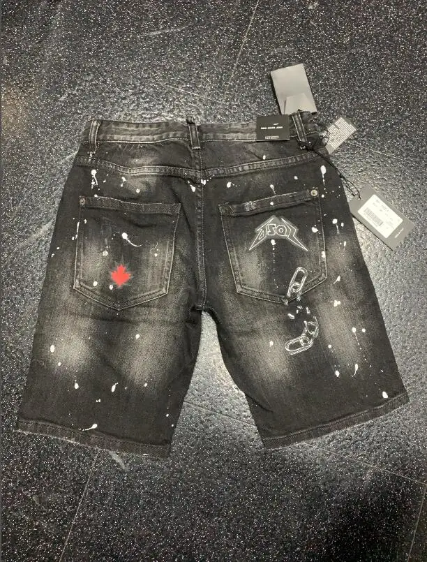 2022 New Fashion Brand Dsquared2 Men's Washed Worn Ripped Hole Paint Point Motorcycle Denim Shorts A502-1