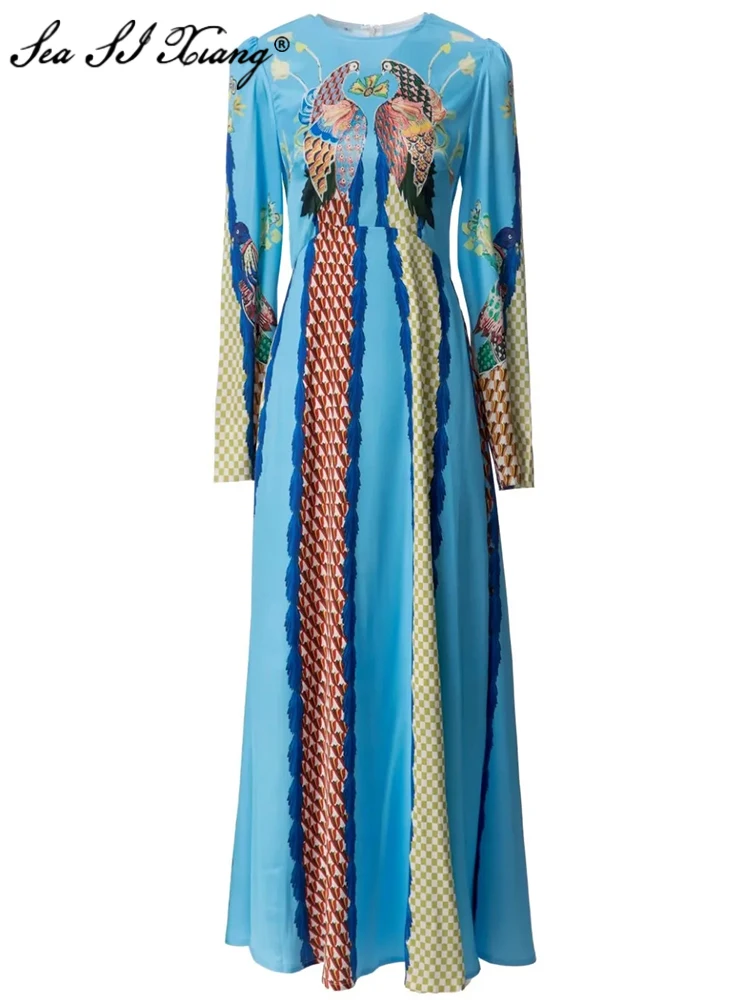 

Seasixiang Fashion Designer Spring Summer Women Dress O-Neck Long sleeve Peacock Print High Waisted Indie Folk Dresses