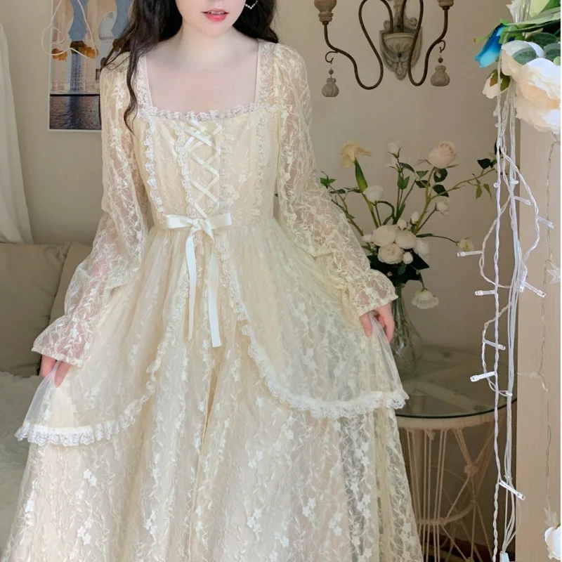 

French Lace Vintage Dress Women Long Sleeve Square Elegant Midi Lolita Dress Party One Piece Dress Korean Fashion 2022 Autumn
